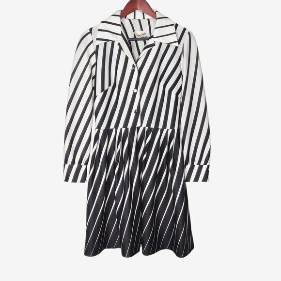 Mary Dobbs Vintage Shirt Dress Black White Stripe Fit Flare Mad Men Secretary M - Picture 1 of 10